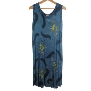 Vintage Tropical Batik Blue Green Midi Dress Beach Summer Vacation Cruise